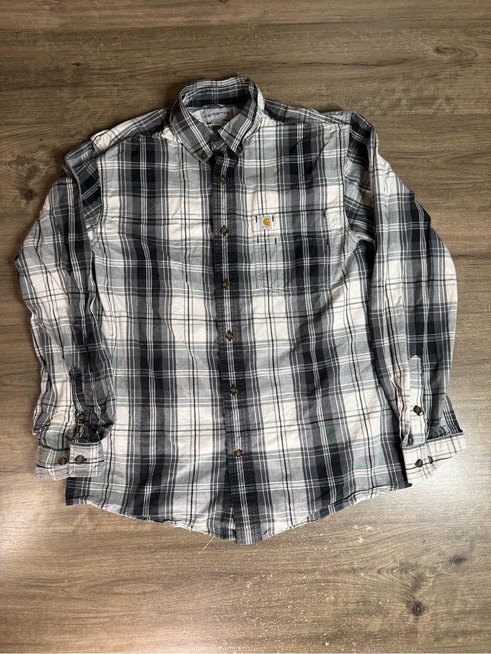 Carhartt Mens Plaid Button Down Up Long Sleeve Collared Shirt Black White Medium